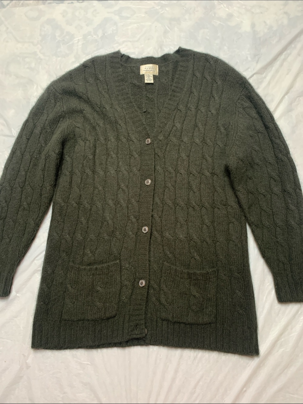 Vintage Field & Manor Angora Wool Moss Green Cable Knit Cardigan Sweater Sz XL